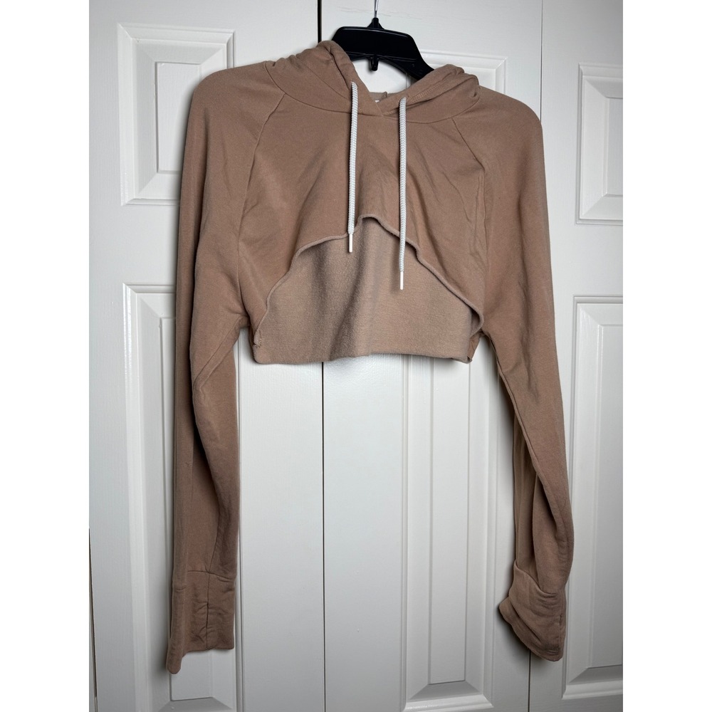 OFFLINE by Aerie Women XL Tan Cropped Hoodie Layered Raw Hem Sweatshirt Brown